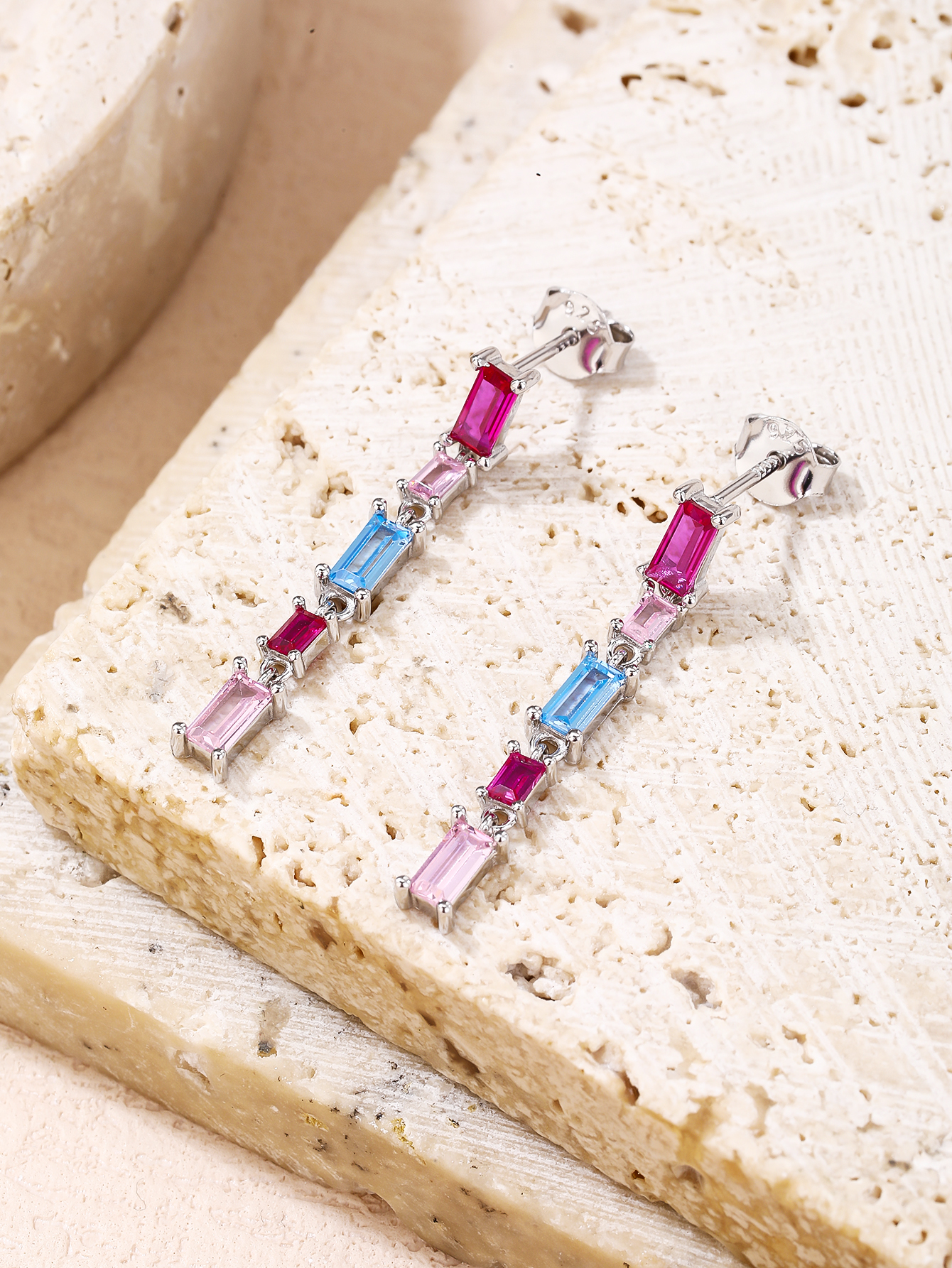 Colorful baguette-cut zirconia stud earrings in rhodium-plated AG 925 silver, set of 2