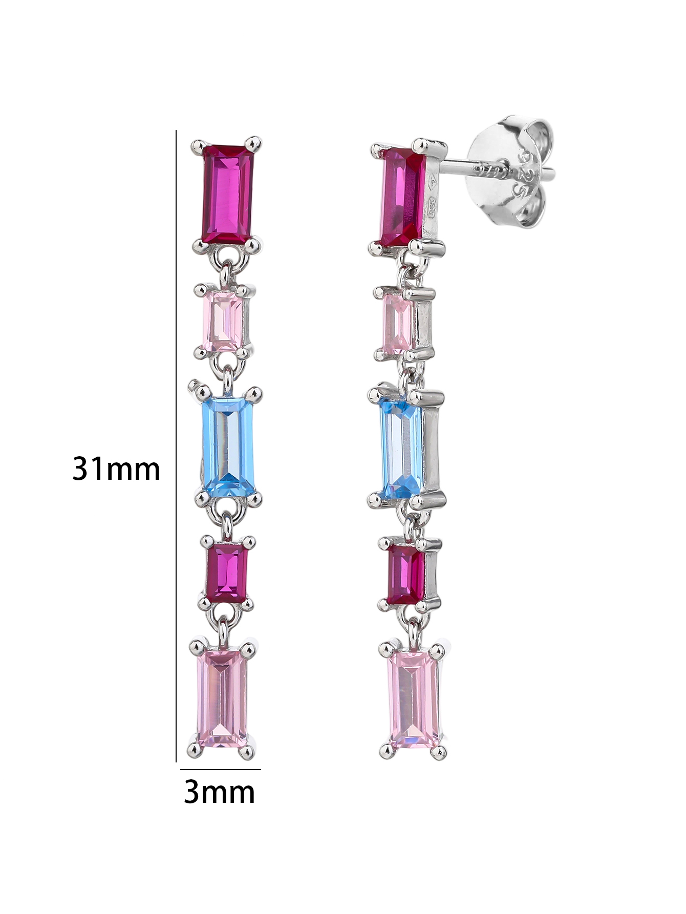 Colorful baguette-cut zirconia stud earrings in rhodium-plated 925 sterling silver, 4