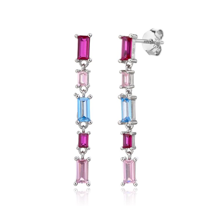 Colorful baguette-cut zirconia stud earrings in rhodium-plated AG 925 silver