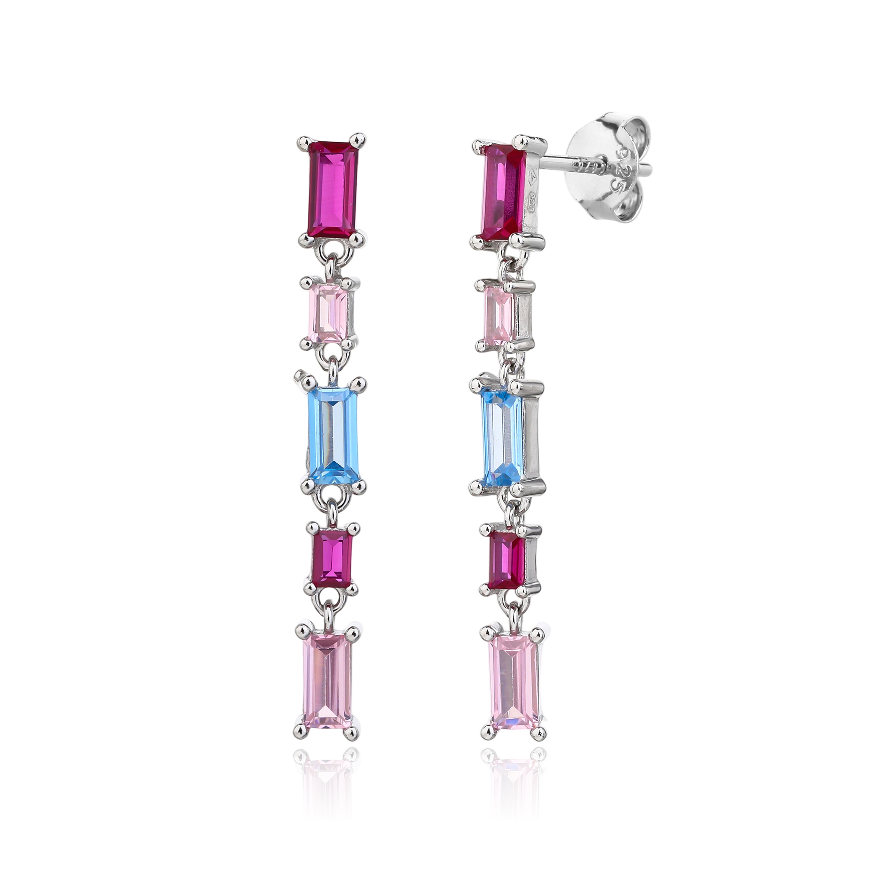 Colorful baguette-cut zirconia stud earrings in rhodium-plated 925 sterling silver